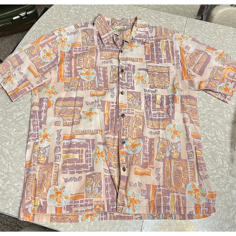 Tori Richard Mens Hawaiian Shirt 100% Cotton Lawn floral purple orange Large